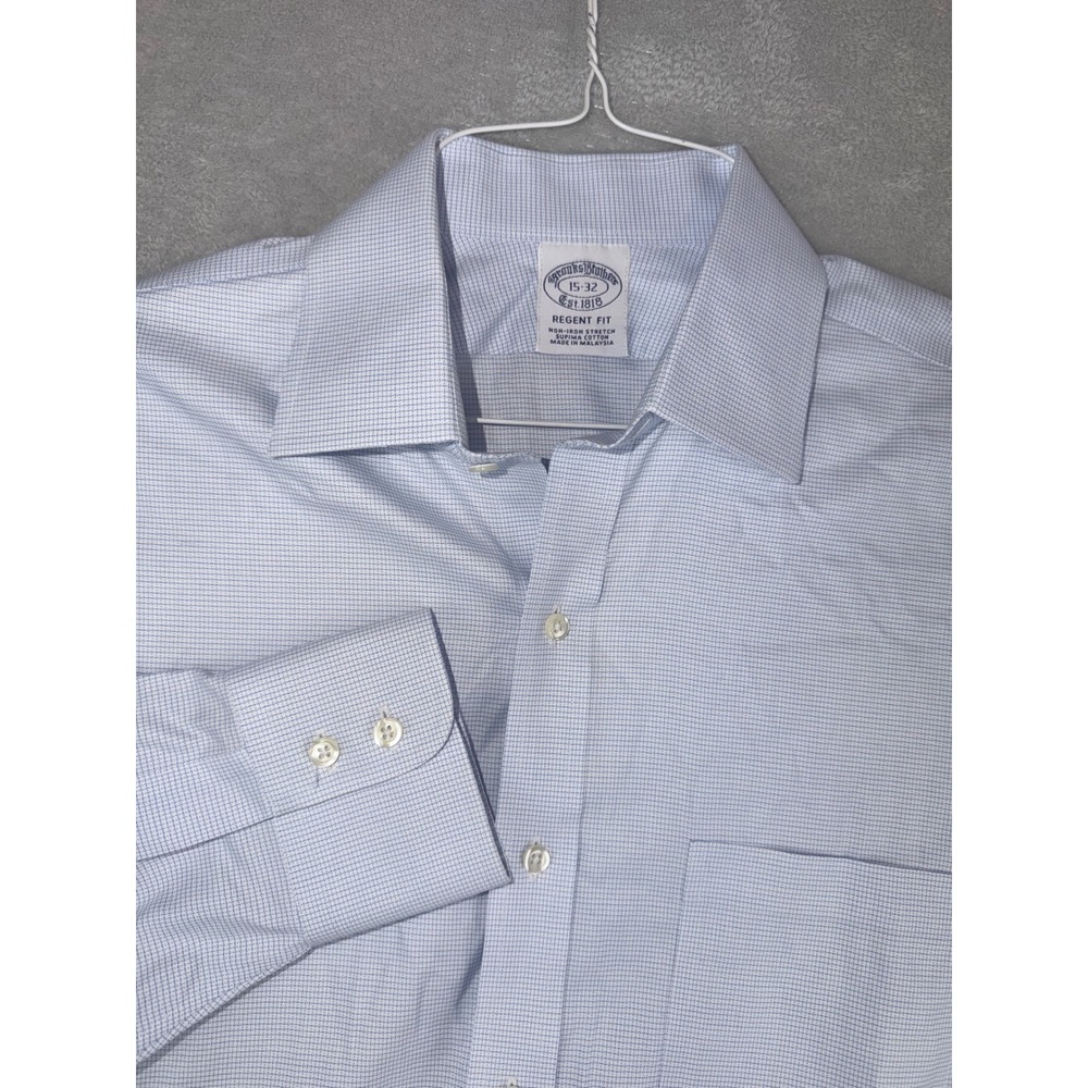 Brooks Brothers Regent Fit Dress Shirt 15X32 Blue Micro Check Non-Iron Stretch